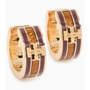 NEW Tory Burch Kira Brown Gold Huggie Earrings Logo Small Hoop Fall Casual Gift